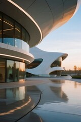 Fototapeta premium Modern Curved Architecture with Reflective Surfaces at Sunset