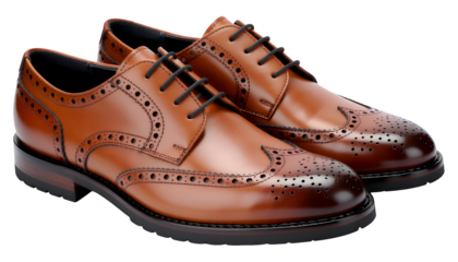 Brown Leather Brogue Shoes with Black Sole, Transparent Background, Classic Business Asset