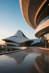 Fototapeta premium Modern Architectural Structure with Curved Surfaces and Reflective Facade