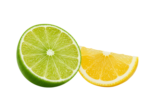 Lime and lemon slices vibrant citrus fruits on transparent background