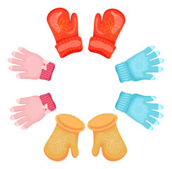 Different mittens set, vector illustration. Wool winter gloves mittens. Warm cozy elements of clothing. Knitted seasonal accessory