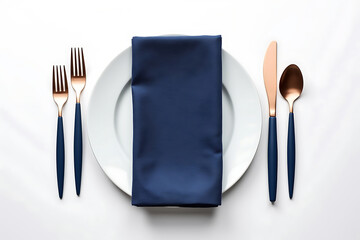 Elegant Place Setting with Navy Blue Napkin and Copper Cutlery on a White Plate for Formal Dining Experience