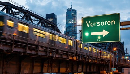 Obraz premium Subway train approaching vorseren sign urban cityscape evening light vibrant transportation scene