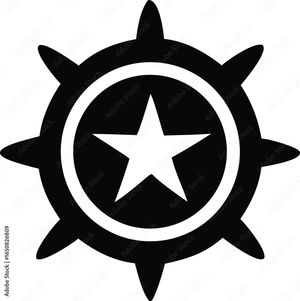 Poster a stark black and white circular emblem featuring a prominent white five pointed star at its center 