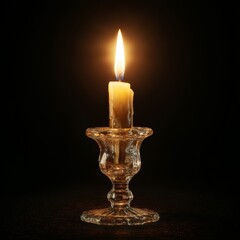 A close-up shot of a burning candle in a decorative glass holder, emitting a warm, inviting glow against a dark background