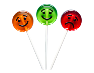 Glossy Orange Smiley Lollipop on Transparent Background, 3D Realism Design Element