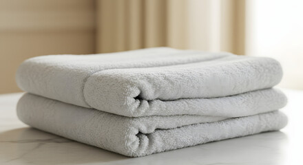 Stacked Soft White Towels on Marble Surface in Bright Interior