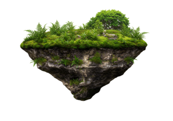 Lush green floating island realistic rock formation nature scene isolated on transparent background environmental concept fantasy art