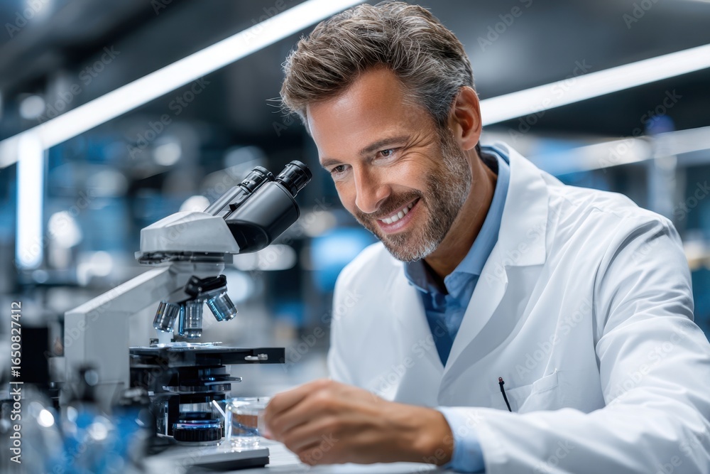 Poster scientist examining samples under microscope in modern laboratory setting
