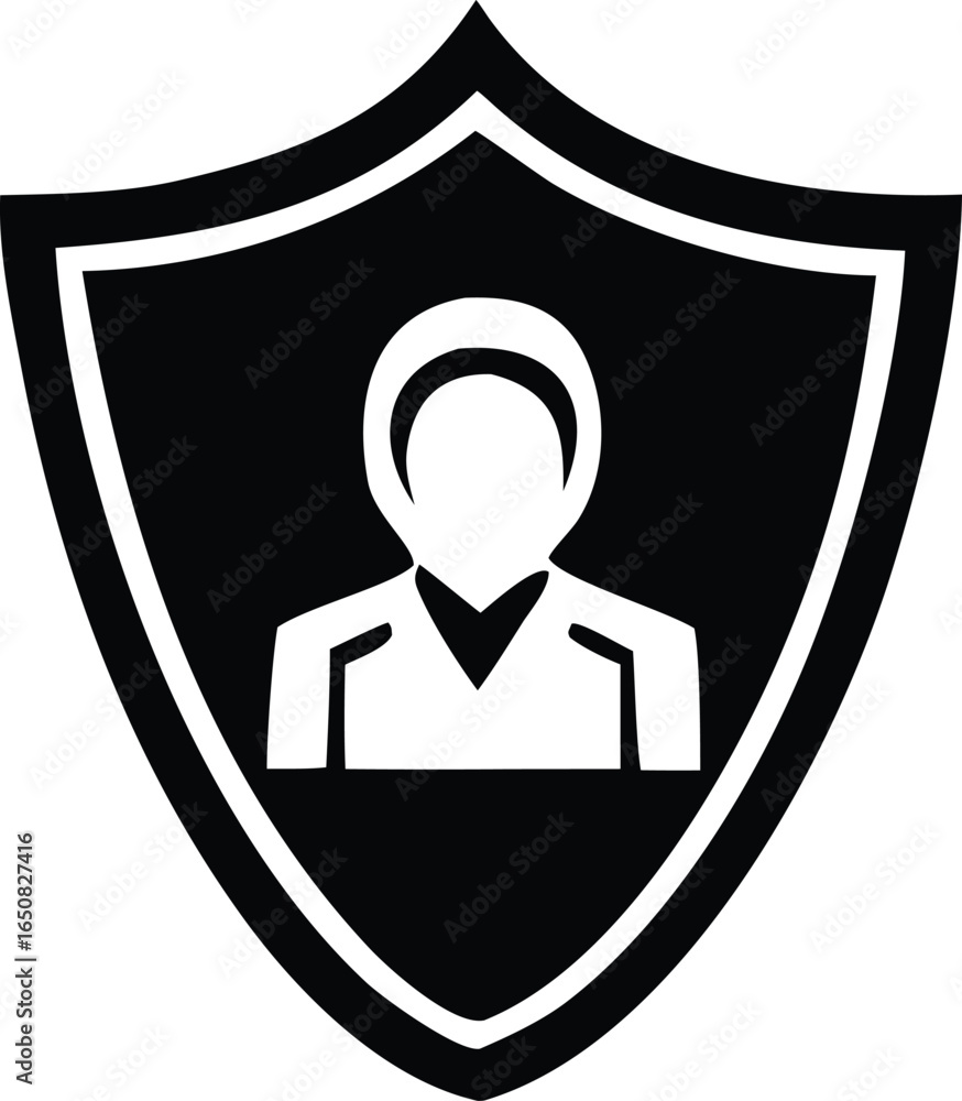 Poster icon of a person silhouette within a shield shape representing security protection and personal safe