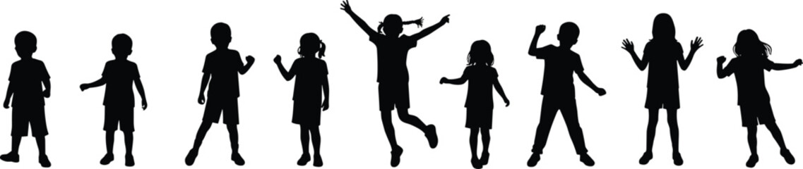 Silhouettes of children, jumping, dancing, standing, playful poses, isolated, fun, black, white, background, activity, group, kids