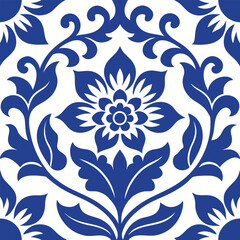 Fototapeta premium Blue and white floral damask seamless pattern vector