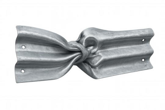 Metallic road barrier tied in a knot, representing safety issues or lack of protection, with transparent background