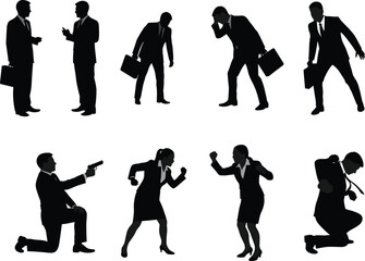 Silhouettes of business people in negotiation, stress, conflict, aggression, communication, resolution, office 