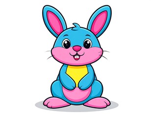 Cartoon bunny in vivid blue and pink hues evokes playful sweetness and gentle cheerfulness