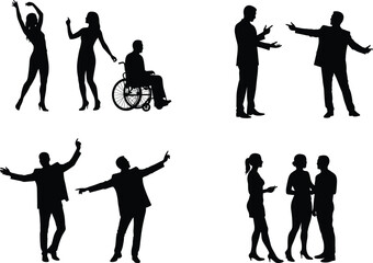 Silhouettes of diverse people, interacting, dancing, communicating, posing, wheelchair, business, social, shadow, illustration, group, figures, conversation