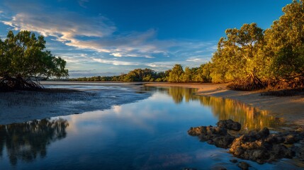 Stunning Mangrove Estuary Sunset with Australia.