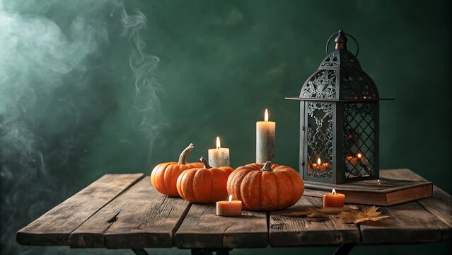 Photo Realistic Spooky Still Life on Wooden Table with Dark Smoky Green Background