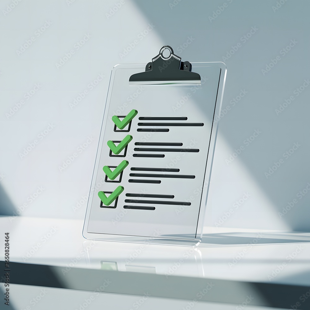 Poster organized tasks a transparent clipboard displaying completed checklist items on a clean minimalist s