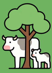 mother and calf under the tree Illustrator Artwork design template poster