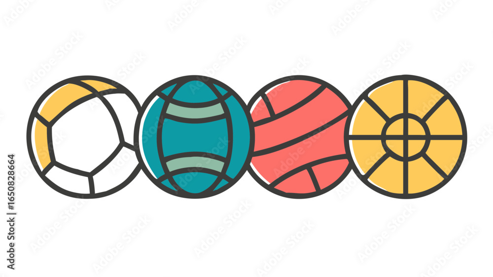Poster an illustrative collection of four uniquely stylized sports and abstract balls, each featuring disti