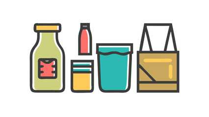 A vibrant illustrative collection of diverse food and beverage packaging containers, showcasing various forms for everyday products.
