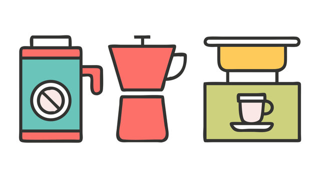 A vibrant collection of essential coffee making and serving appliances, including a classic Moka pot, insulated flask, and modern drip machine.