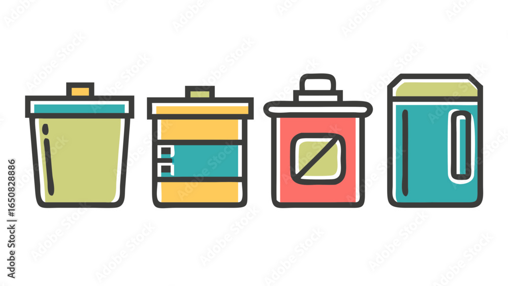 Poster a collection of colorful and modern flat design icons representing various waste receptacles and sto
