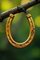Obraz premium Golden horseshoe with a deep scratch, hanging from a tree branch, natural world, rustic