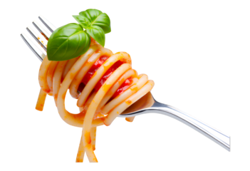 Orange Spiral Pasta with Red Sauce and Basil Leaf on Transparent Background, 3D Realism Design Element
