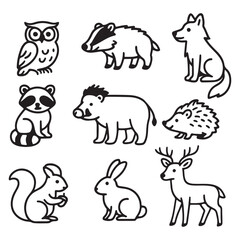 Fototapeta premium Wild Forest Animals Cartoon Vector Set Silhouette Outline