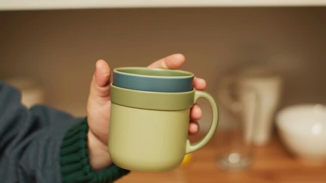 Child hand holding green cup in montessori classroom setup with basket of bread and glassware on shelf creating warm inviting learning environment for independence and learning