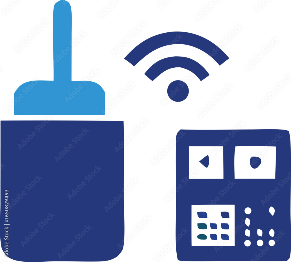Poster wireless communication device with antenna and control panel representing modern technology and conn