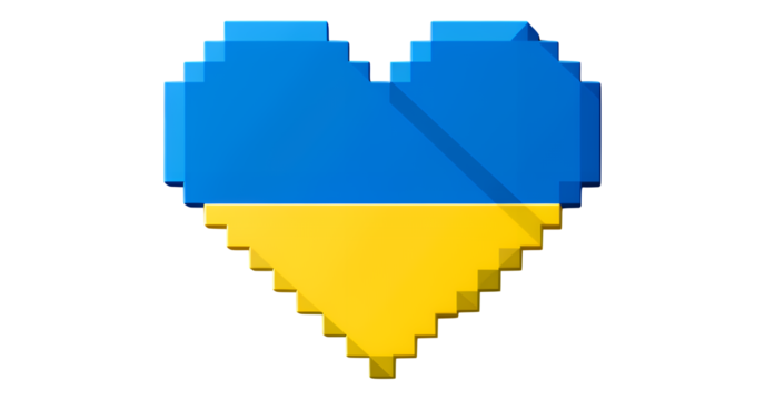 Pixelated Blue and Yellow Heart on Transparent Background, 3D Design Element for Digital Media