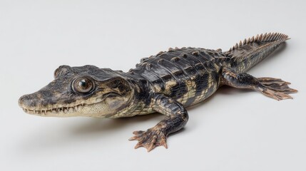 Naklejka premium A juvenile crocodilian, dark brown and tan, is shown in a three-quarter view against a bright white background. Its textured skin and small size are clearly visible