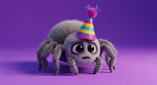Cute furry spider wearing a colorful party hat on a purple background, 3D render of a cartoon spider with big eyes, perfect for children's birthday or Halloween themed designs