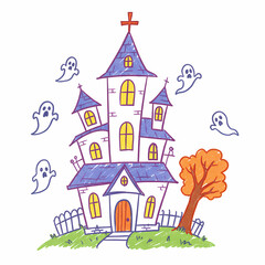 Haunted house with ghosts and orange tree in spooky style  