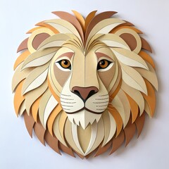 Highly detailed symmetrical paper art lion face illustration with layered cut-out colored paper design, modern 3D handcrafted style on soft plain background