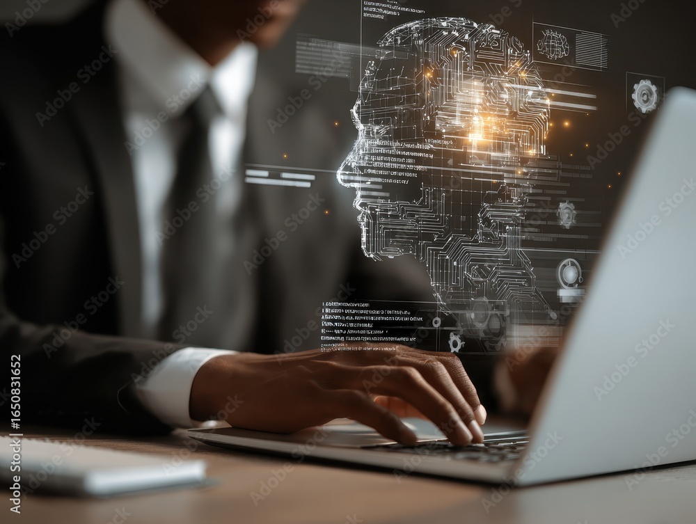 Poster ai, artificial intelligence, man uses laptop to access artificial intelligence tools for content cre
