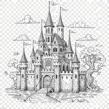 Intricate black and white sketch of a fantasy fairytale castle with towering spires flags and a drawbridge.