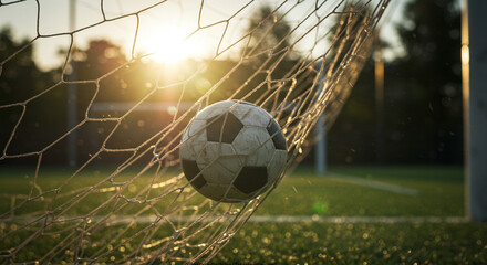 Football Caught in Goal Net
