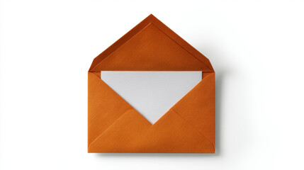 Unsealed Envelope, A minimalist shot of an open, unsealed orange envelope with its triangular flap up, and a blank white card. On a clean white background.