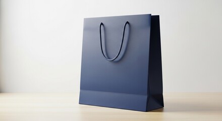 Elegant Navy Blue Shopping Bag Mockup on Wooden Surface, Retail Presentation