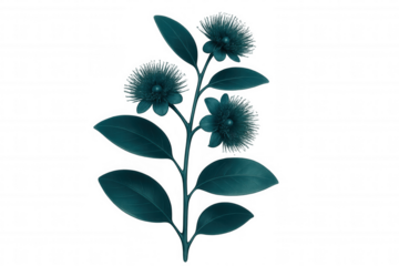 Digital illustration of a myrtle branch with teal flowers and leaves, isolated on a transparent background, creating a striking botanical image