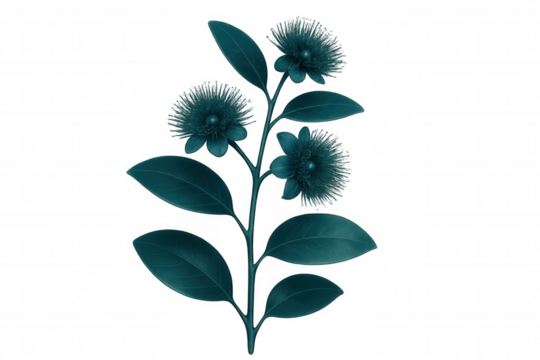 Digital illustration of a myrtle branch with teal flowers and leaves, isolated on a transparent background, creating a striking botanical image