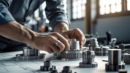 Skilled craftsman meticulously assembling intricate metal components and precision gears on a blueprint in a workshop setting