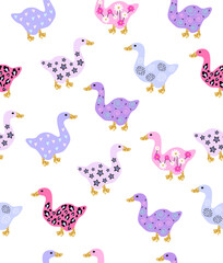 Pattern of cute geese on a white background.