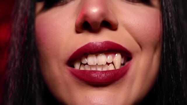Vampire's Reveal: Dramatic Close-Up of Fangs and Crimson Lips
