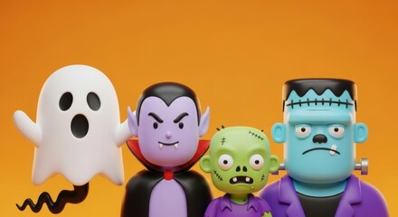 Obraz premium Spooky Halloween Friends Cartoon Characters Gathering Together