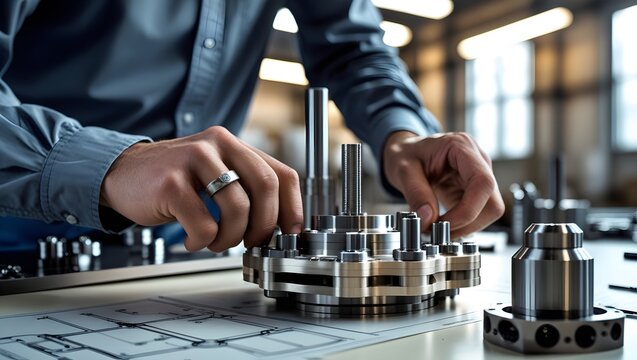 Skilled engineer meticulously assembling a complex metal component with precision tools on a workbench with blueprints in a modern workshop
